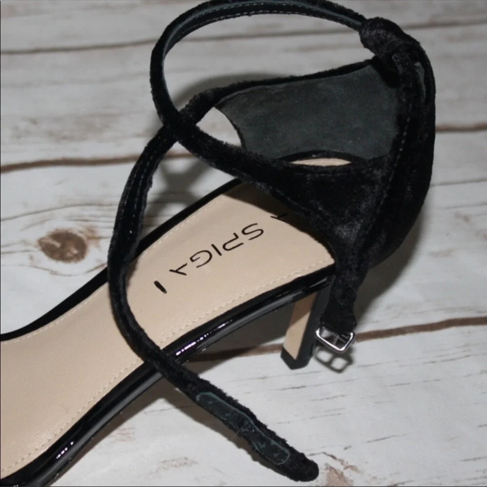 Via Spiga Black Velvet Ankle Strap Mid Heel Sandal - Picture 6 of 6